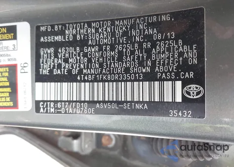 2013 Toyota Camry Le z USA, uszkodzony, nr VIN 4T4BF1FK8DR335013